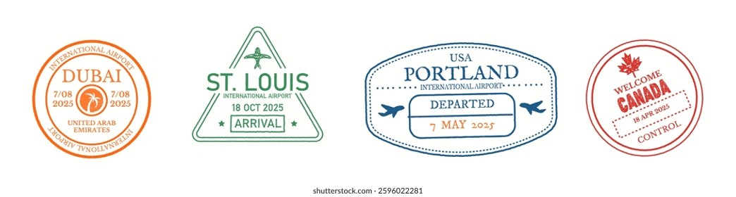 Illustration of various international airport passport stamps from Dubai, St. Louis, Portland, and Canada. Each stamp is uniquely designed representing its respective location.