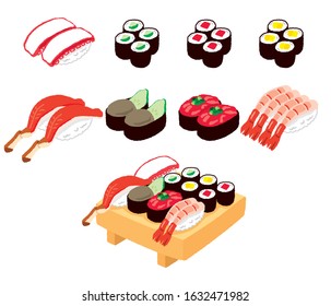 Illustration of various Japanese food sushi