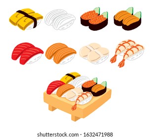 Illustration of various Japanese food sushi