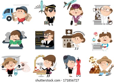 Illustration of various jobs such as delivery, pilot, flight attendant, scientist, counselor, announcer, nurse, cook, fisherman, hairdresser, fashion designer and farmer.