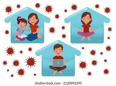 illustration of various kinds of activities carried out at home or self isolation due to the pandemic, such as playing with your children, working, and meditating