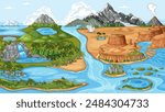 Illustration of various landforms and water bodies