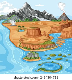 Ilustración de varias formas terrestres y características del agua