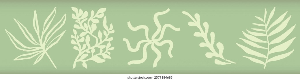 Illustration of various leaf designs on a green background. Leaf patterns include palm, fern, and abstract shapes. Green leaves create a natural, organic feel. Nature illustrations, isolated vectors.