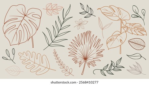 Illustration of various leaves in earthy tones. Leaves in green, brown, and orange. Simple leaf designs with tropical and botanical themes. Floral line art vector set.