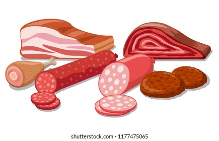 illustration of various meat products, sausages, bacon and cutlets