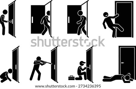 Illustration of various methods to break down a door in emergency situations