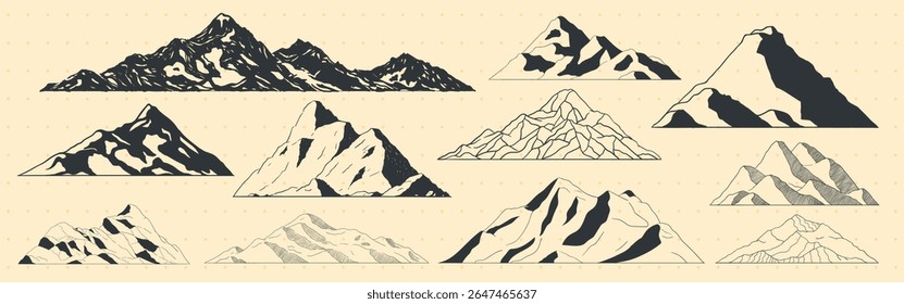 Ilustração de vários picos de montanha em preto e branco. Desenhos de montanhas diversificados, cada pico único. Montanhas representadas em diferentes estilos e formas. Elementos da natureza, conjunto de vetores.