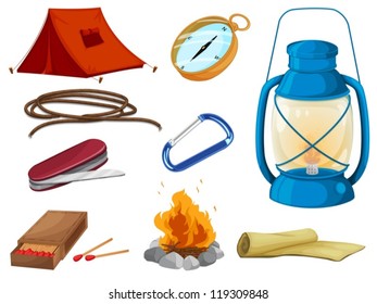 illustration of various objects of camping on a white background