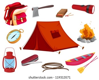 illustration of various objects of camping on a white background