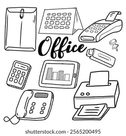 Illustration of various office supplies such as a calculator, printer, and tablet drawn in a sketch style.