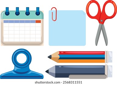 Illustration of various office tools and stationery items