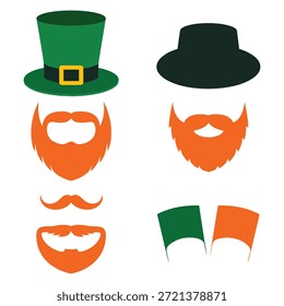 Ilustração de várias barbas laranja, bigodes, chapéus verdes e bandeiras irlandesas representando símbolos do Dia de São Patrício.
