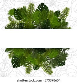 Illustration of various palm leaves with horizontal banner and floral background
