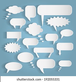 Illustration of various paper chat bubbles against a light background.