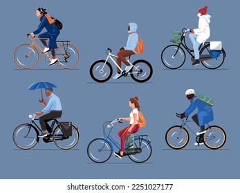 Ilustración de varias personas en bicicleta. Personas y personajes de diferentes edades, etnias, estilos. Vector.