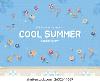 Illustration of various people enjoying swimming in a cool swimming pool
