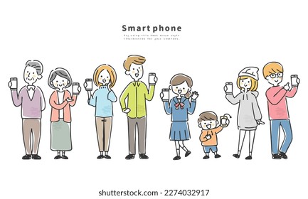 An illustration of various people operating smartphones.