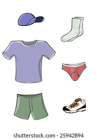 Illustration of various pieces of clothing, including a shirt, shorts, briefs, socks and a cap.