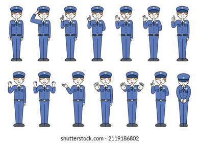 Illustration of various poses of male police