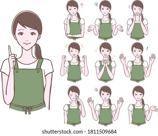 Illustration of various poses set of young woman wearing apron