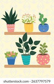 Illustration of various potted houseplants are placed on shelves. Set of different plants in flower pots