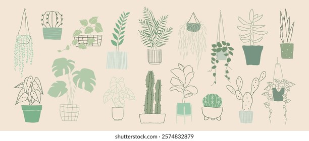 Illustration of various potted plants, featuring hanging plants, cacti, and leafy greens. Potted plants in different shapes, hanging plants, and cacti. Home decor vector set.