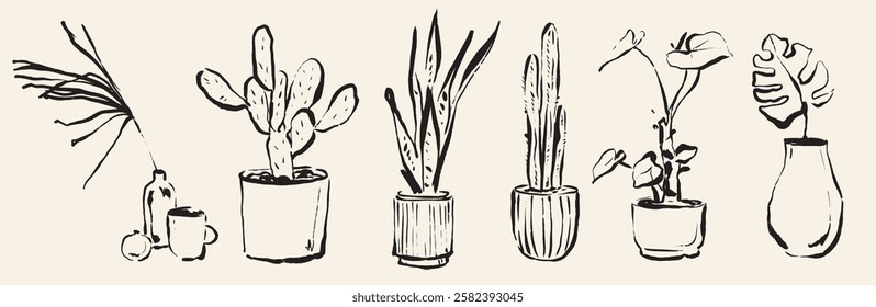 Illustration of various potted plants, featuring cacti and leafy plants. Black and white plant drawings, diverse potted plants, artistic plant sketches. Home decor vector set.