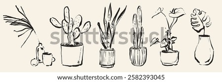 Illustration of various potted plants, featuring cacti and leafy plants. Black and white plant drawings, diverse potted plants, artistic plant sketches. Home decor vector set.