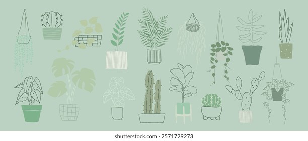 Illustration of various potted plants, including cacti, ferns, and leafy greens. Simple, minimalist design with a green color palette. Home decor vector set.