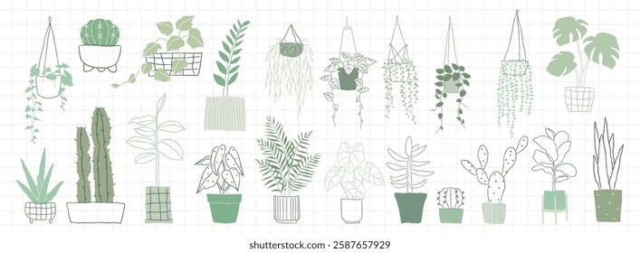 Illustration of various potted plants, including cacti, ferns, and hanging plants. Green and white color scheme. Potted plants and greenery in different styles. Home decor vector set.