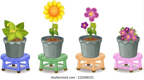 illustration of various potted plants on stools on a white background