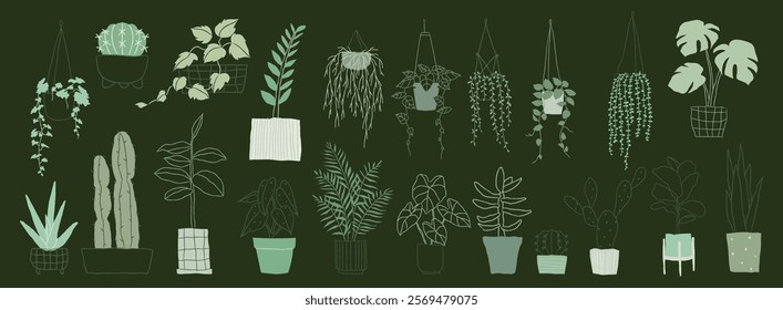 Illustration of various potted plants on a dark green background. Includes hanging plants, leafy plants, and succulents. Decorative plant art for home decor. Home decor vector set.