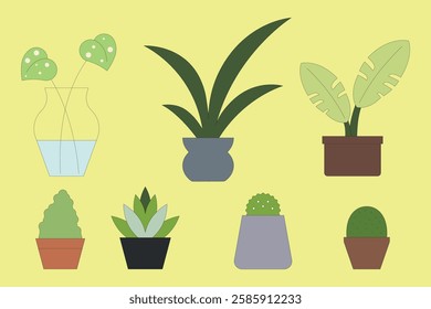 Illustration of various potted plants on a yellow background. Includes succulents and leafy plants in different pots and vases. Simple and colorful plant design. Vector element set.