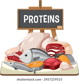 Illustration of various protein-rich foods on a plate.