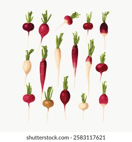 Illustration of various radishes. Radishes in red, white, and purple. Different radish shapes and sizes. Fresh radishes with green tops. Radish variety art. Vintage vegetable illustration vector.