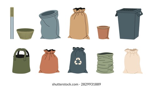 Illustration of various reusable and recyclable waste bins and bags