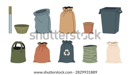 Illustration of various reusable and recyclable waste bins and bags