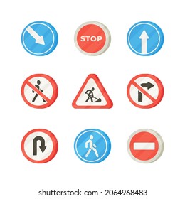 Illustration of various road signs isolated on a white background. Set of road signs, flat design, traffic safety.