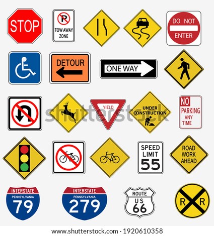 Illustration of various road signs isolated on a white background.