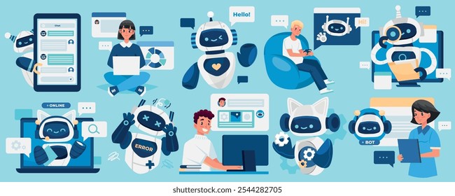 Ilustração de vários robôs interagindo com humanos e tecnologia, apresentando conceitos de IA e chatbot. Inclui pessoas que usam dispositivos, robôs com telas e interfaces digitais.