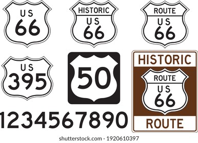 Illustration of various route signs isolated on a white background.