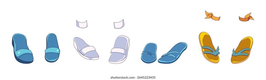 Illustration of various sandals in playful colors on a white background. Depicting different styles and designs suitable for casual or beachwear.