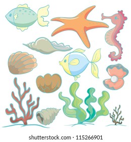 illustration of various sea animals and plants on a white background