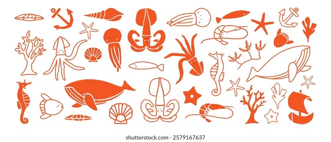 Illustration of various sea creatures like octopus, squid, seahorse, and fish in orange. Includes shells, coral, and starfish in a marine theme. Animal illustrations, isolated element vector set.