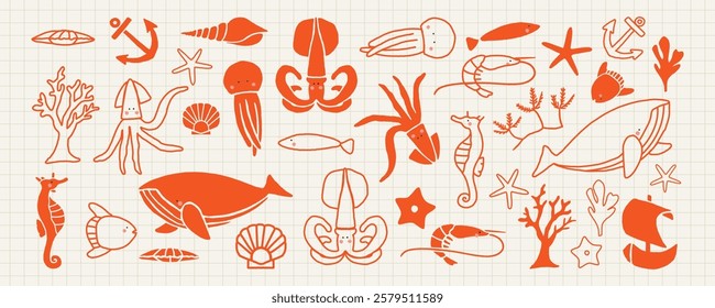 Illustration of various sea creatures like squid, seahorse, and fish in orange. Includes shells, coral, and anchors on a grid background. Nautical theme. Animal illustrations, isolated vector set.