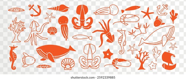 Illustration of various sea creatures like squid, seahorse, and starfish in orange. Includes coral and shells, creating a marine-themed design. Animal illustrations, isolated element vector set.