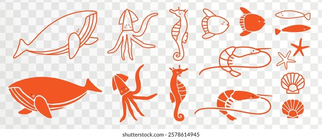 Illustration of various sea creatures in orange, including a whale, squid, seahorse, and fish, all in a simple, stylized design on a transparent background. Animal illustrations, isolated vector set.