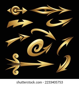Illustration of Various Shaped Curvy Gold Arrows isolated on a Black Background