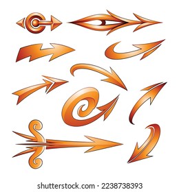 Illustration of Various Shaped Curvy Orange Arrows isolated on a White Background